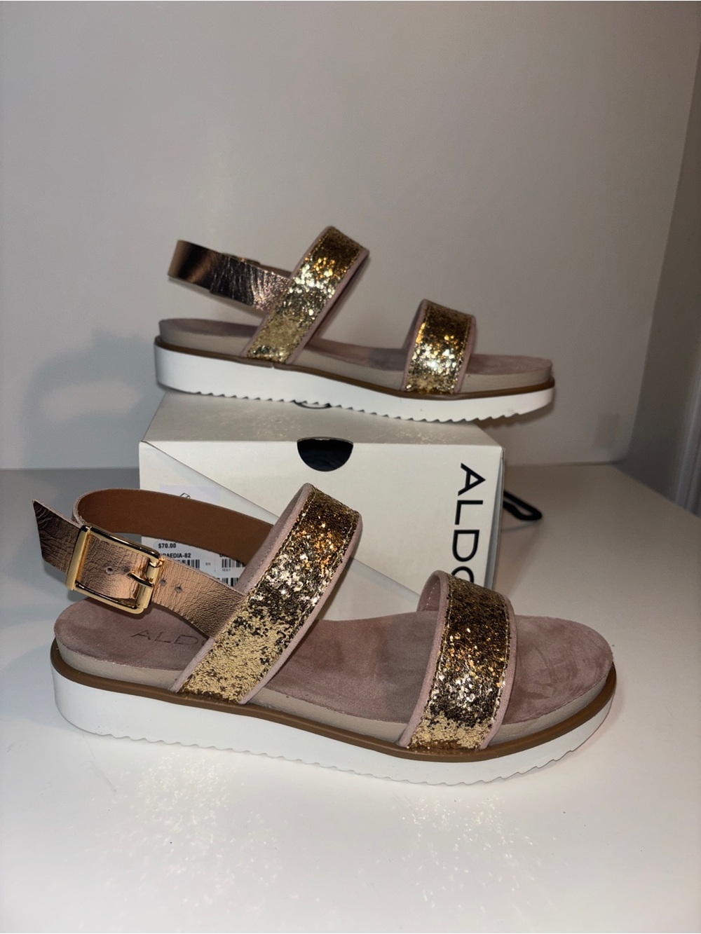ALDO Rose Gold Glitter Double-Strap Platform Sandals